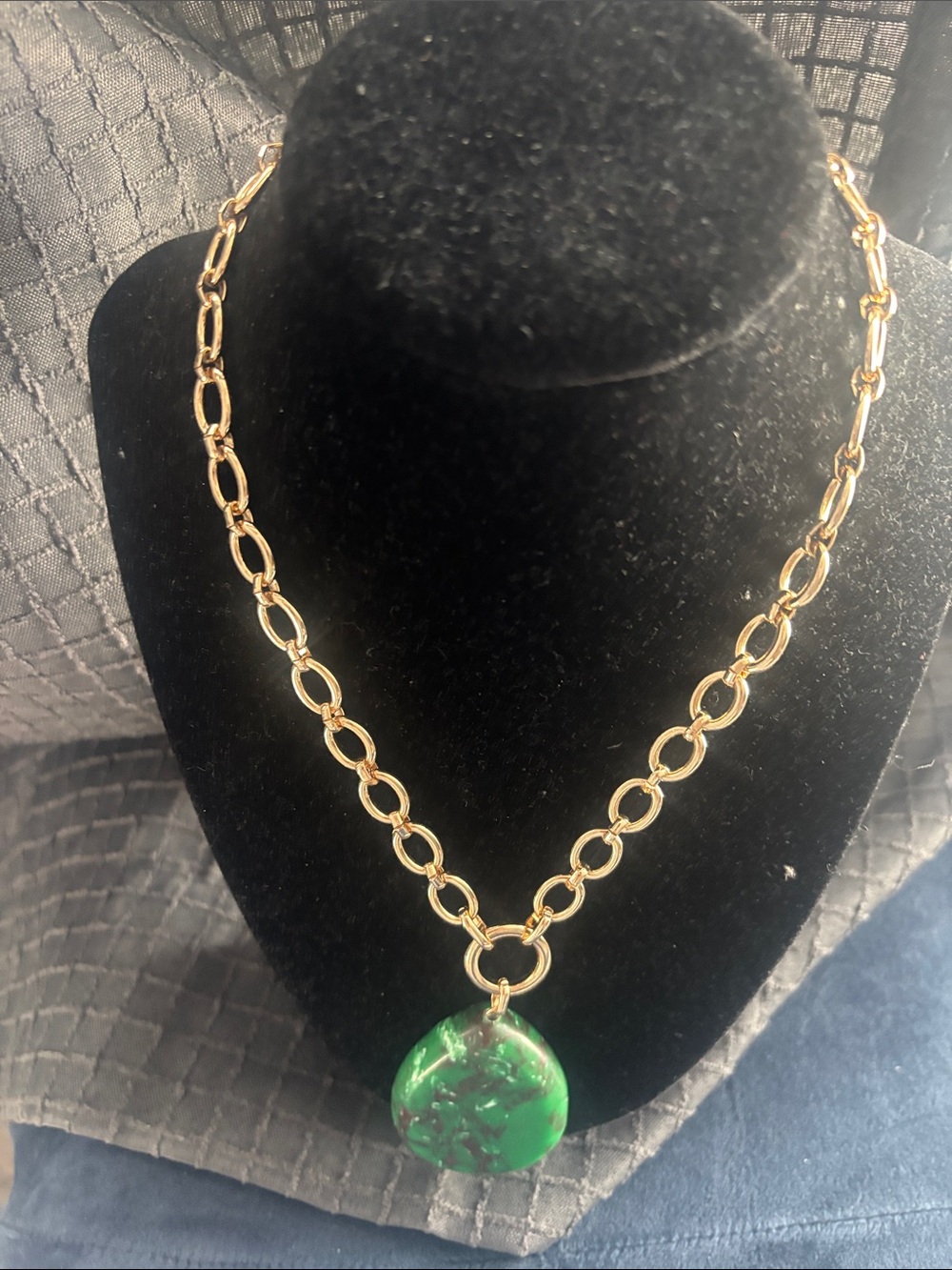 Vintage Gold Chain Necklace with Green Marble Pendant